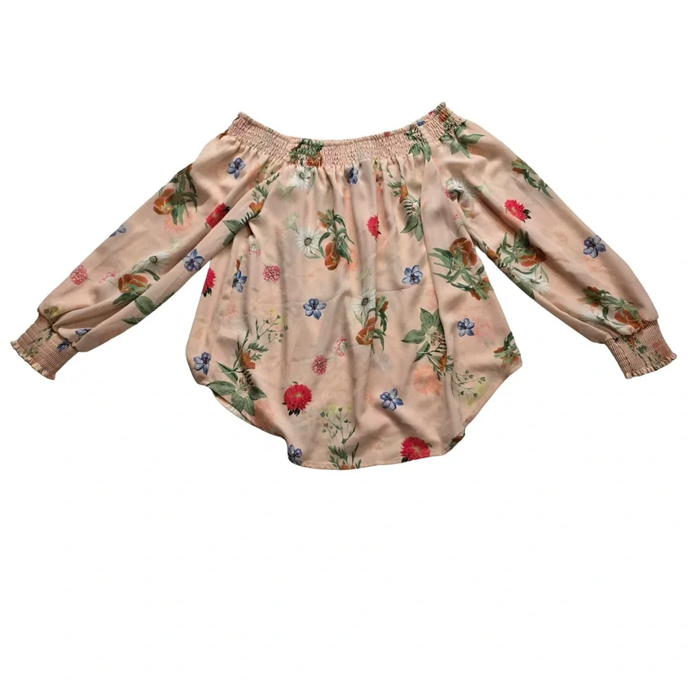 Express Floral Off Shoulder Smocked Blouse Pink Boho Women’s S - Picture 2 of 9